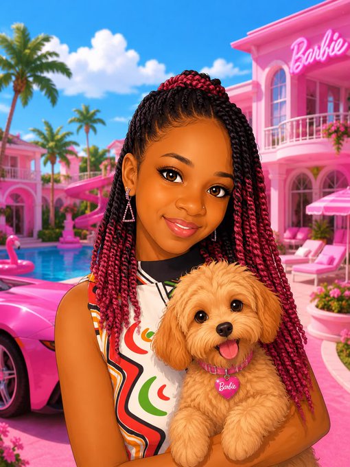 Digital artwork of a young Black woman with long braided hair holding a small dog named 'Barbie', standing in front of a pink Barbie-themed mansion and car.