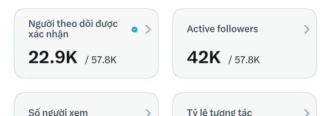 A Vietnamese-language analytics dashboard showing "Người theo dõi được xác nhận" (Verified followers) at 22.9K / 57.8K and "Active followers" at 42K / 57.8K, with additional metrics for viewers and engagement rate partially visible.