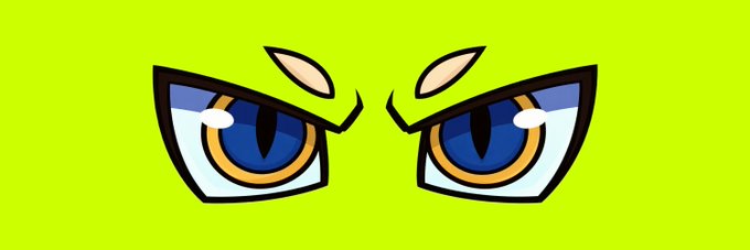 Cartoon illustration of an angry character's intense eyes on a yellow-green background.