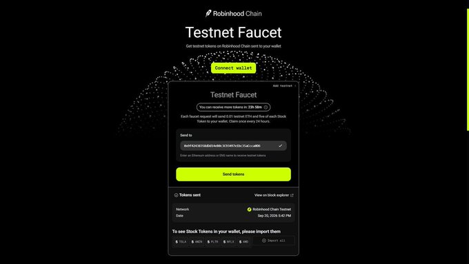 A dark-themed webpage for 'Robinhood Chain Testnet Faucet' displaying a modal to connect a wallet and a green 'Send tokens' button.