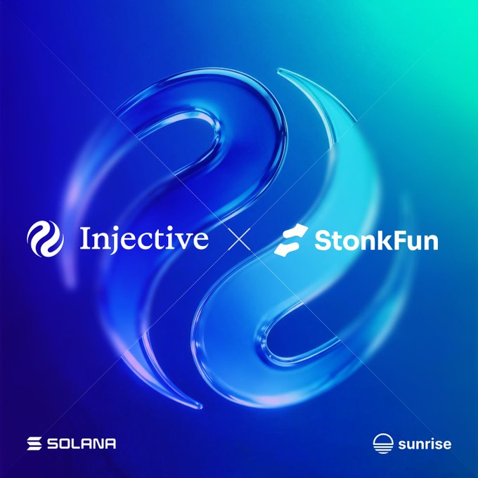 The image displays a partnership announcement graphic with the Injective and StonkFun logos separated by an "x," set against a blue gradient background with a swirling glass-like design, while the bottom corners feature the Solana and Sunrise logos. This visually represents the collaboration mentioned in the post, highlighting that StonkFun is launching on Solana as a day-one partner enabling INJ token pairings.