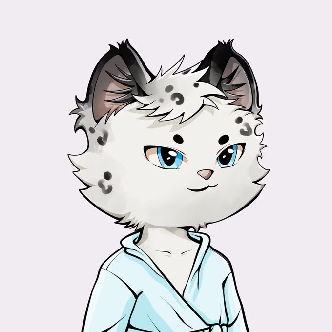 An anime-style illustration of a white fluffy cat character with blue eyes wearing a light blue robe.