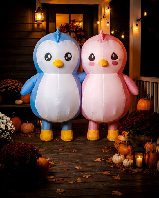 Two adorable inflatable penguin characters—one blue named Pengu and one pink named Polly—stand side by side on a warmly lit autumn porch surrounded by pumpkins, mums, and string lights, perfectly showcasing the new Halloween costumes in a festive seasonal setting.