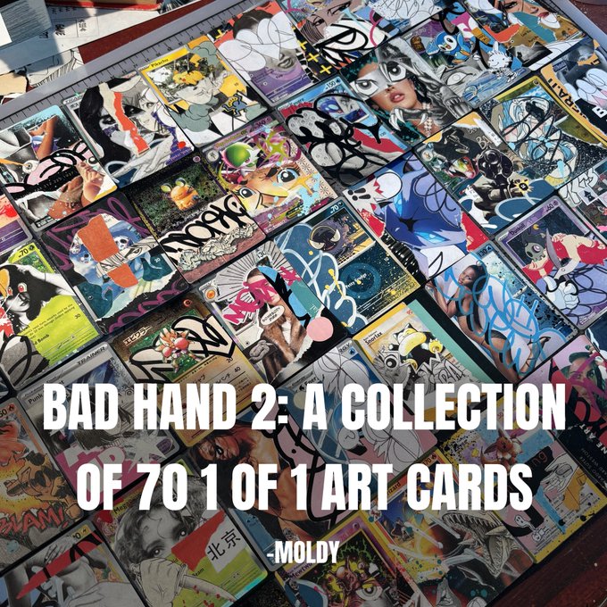 A promotional image for "BAD HAND 2: A COLLECTION OF 70 1 OF 1 ART CARDS" by -MOLDY, showing a scattered array of colorful illustrated trading cards.