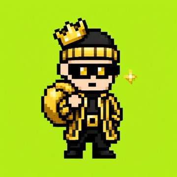 Pixel art of a masked thief character wearing a black beanie with a gold crown, black sunglasses, and carrying a gold sack with a dollar sign, set against a bright green background. The image represents the "Loot Hood" themed loot collection promotion for Robinhood, depicting a playful "Robin Hood" style thief ready to receive whitelist spots.