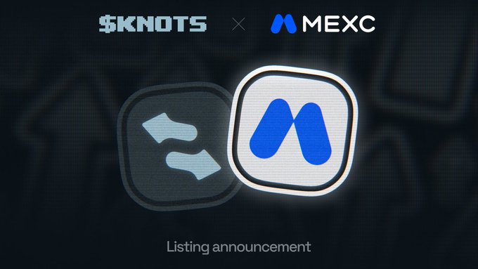 A digital promotional banner displaying the text '$KNOTS x MEXC' and 'Listing announcement' alongside the logos of both cryptocurrency entities against a dark background.