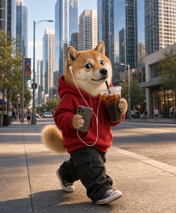 A cheerful Shiba Inu dressed in a red hoodie walks through a city street while holding a smartphone and a drink, with earphones connected to the phone.
