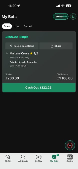A mobile betting app screen displays an open bet of £200.00 single on "Maltese Cross" (9/2) at the Prix de l'Arc de Triomphe, offering a Cash Out of £122.23 against a potential return of £1,100.00. This reflects the poster's reference to "#arc," highlighting their ongoing wager on the famous horse race despite not fully cashing out.