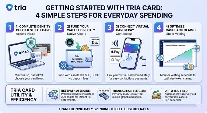 The image shows a poster or flyer for a Tria credit card, which is designed to bypass custodial risk by using a sovereign mpc wallet. The poster highlights that the Tria card can be used as a self-custody debit card, allowing users to make purchases without needing a bank account or a traditional banking relationship. It also provides instructions on how to use the card and the steps involved in getting started with the Tria credit card.