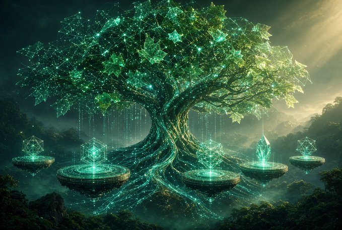 A fantasy digital artwork of a glowing green tree with luminous leaves, surrounded by floating geometric crystals and futuristic platform structures in a mystical forest setting.