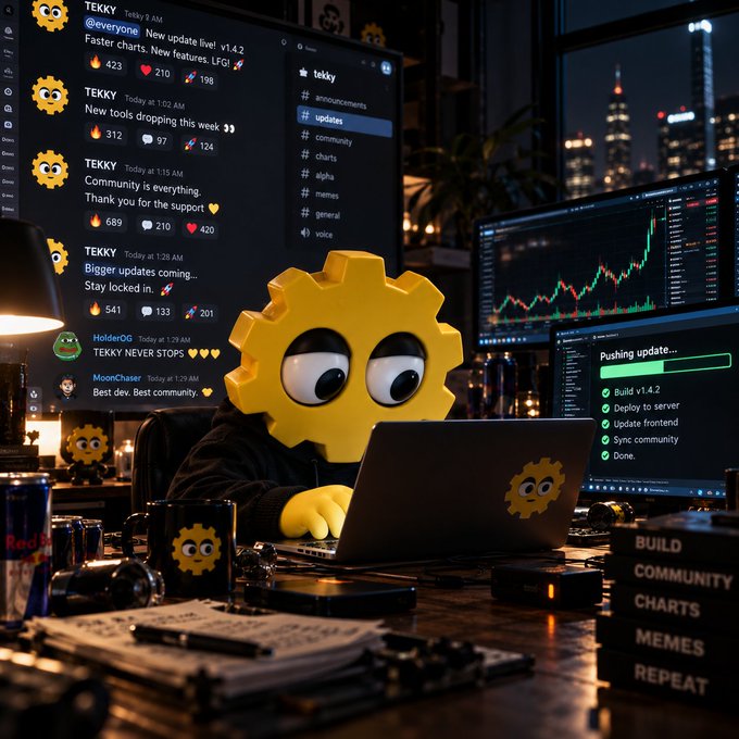 A digital illustration shows a yellow gear mascot with googly eyes sitting at a laptop, surrounded by social media posts referencing 'TEKKY', updates, and a 'Pushing update...' checklist with items like 'Build v1.4.2' and 'Deploy to server'.