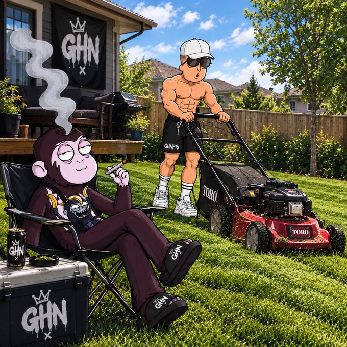 An illustration of a monkey character smoking in a lawn chair next to a muscular man mowing a lawn, with 'GHN', 'GHNFTS', and 'TORO' branding visible.