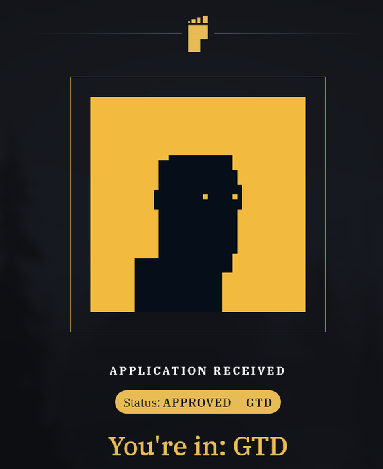 A pixelated silhouette figure is displayed within a yellow square frame on a dark background, with text reading "APPLICATION RECEIVED," "Status: APPROVED – GTD," and "You're in: GTD," indicating that the user has secured a Guaranteed (GTD) spot in the BITFOOTS NFT mint.