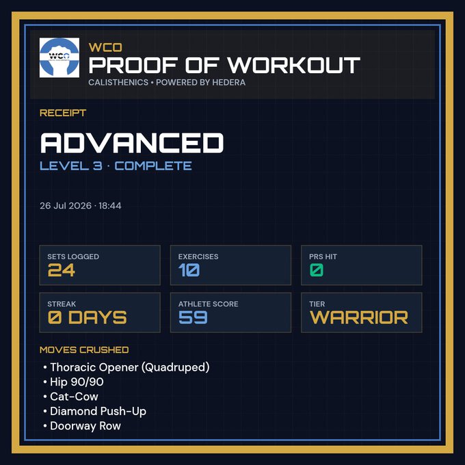 Digital receipt from WCO 'Proof of Workout' calisthenics app showing Level 3 Advanced complete with 24 sets logged, 10 exercises, 0-day streak, and Warrior tier.