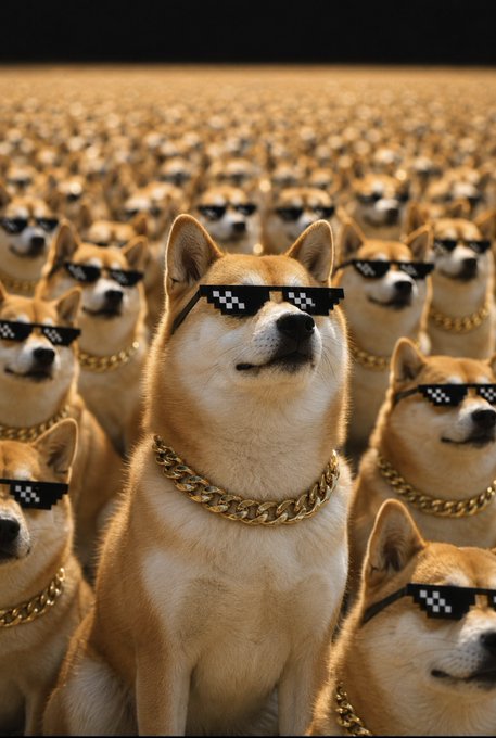 A vast army of Shiba Inu dogs wearing pixelated 'deal with it' sunglasses and gold chain necklaces fills the frame, with one dog prominently in the foreground.