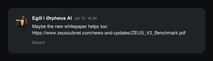 A Discord message from Egill | Orpheus AI, dated Jul 15, 16:34, shares a link to the new Zeus V2 whitepaper on zeussubnet.com, aligning with the post announcing the release of the weather benchmark whitepaper and updated validator code.