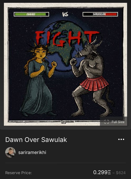 The image features an art piece with two characters, one being a woman wearing a blue dress and another dressed as a devil or werewolf. The artwork has been posted for sale at a Reserve auction, which means that it will be available for purchase after the reserve period is met. The bidding process will take place over 24 hours, starting from the time of the auction's opening. The post also mentions that the artwork is priced at 0.2999E24, and there are two users who have bid on this piece: Sariamerikhi and a user named "superrare".
