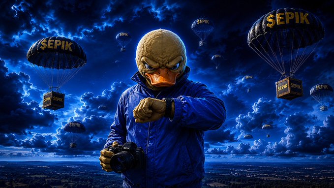 A surreal, stylized image of a person with a duck head wearing a blue puffer jacket and holding a camera, surrounded by parachutes carrying crates labeled 'ŞEPIK' against a dramatic, cloudy blue sky.