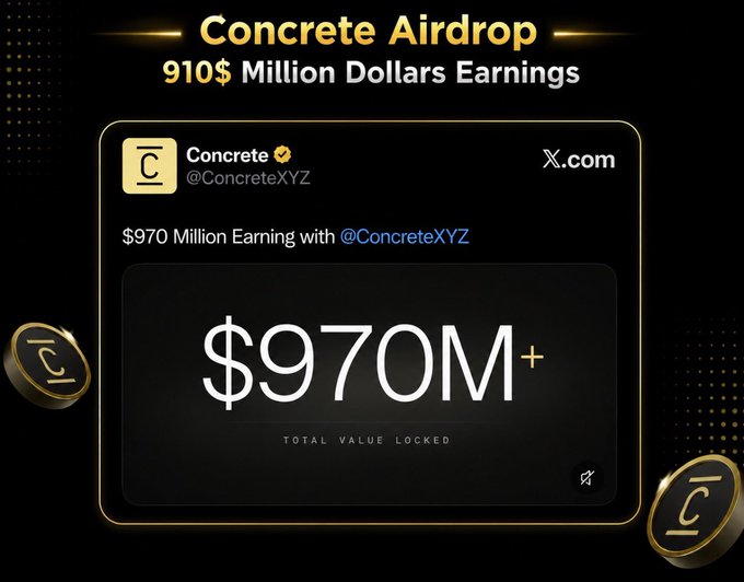 A promotional graphic for the Concrete Airdrop, featuring a dark-themed card with the text "Concrete Airdrop $910 Million Dollars Earnings" at the top, alongside a screenshot of a tweet from @ConcreteXYZ highlighting "$970 Million Earnings" and "TOTAL VALUE LOCKED," flanked by gold "C" coin icons. The bold figures and "Concrete Phase 2 LIVE" messaging visually reinforce the post's call to start farming points for upcoming rewards.