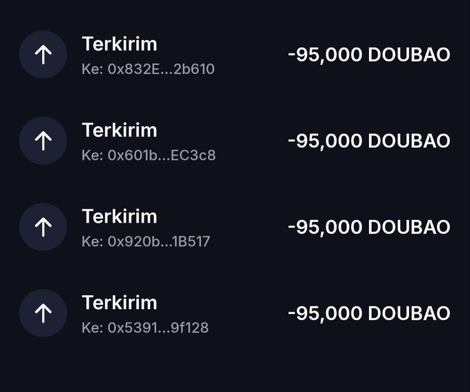 Four transaction confirmations labeled "Terkirim" each showing a transfer of -95,000 DOUBAO to different BNB addresses (0x832E…2b610, 0x601b…EC3c8, 0x920b…1B517, 0x5391…9f128), providing visual proof of the $DOUBAO airdrop claim that participants would receive 95,000 DOUBAO tokens per BNB wallet address submitted.