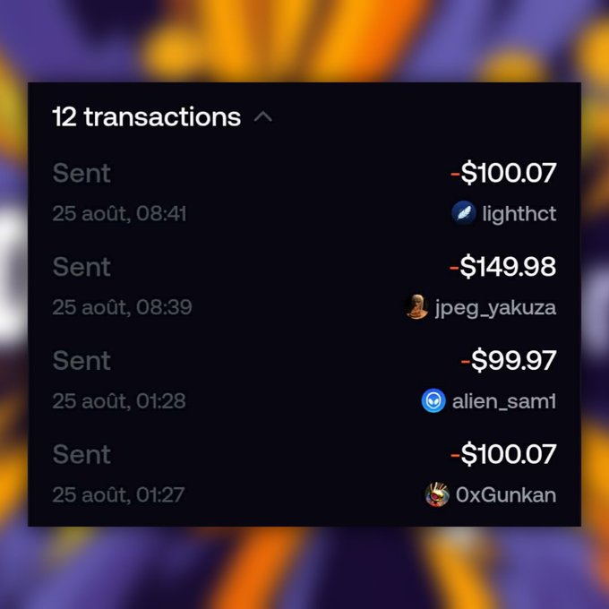 A digital wallet interface displays a list of 12 transactions, showing several 'Sent' entries in dollars to recipients like 'lighthct', 'jpeg_yakuza', 'alien_saml', and '0xGunkan' dated August 25th.