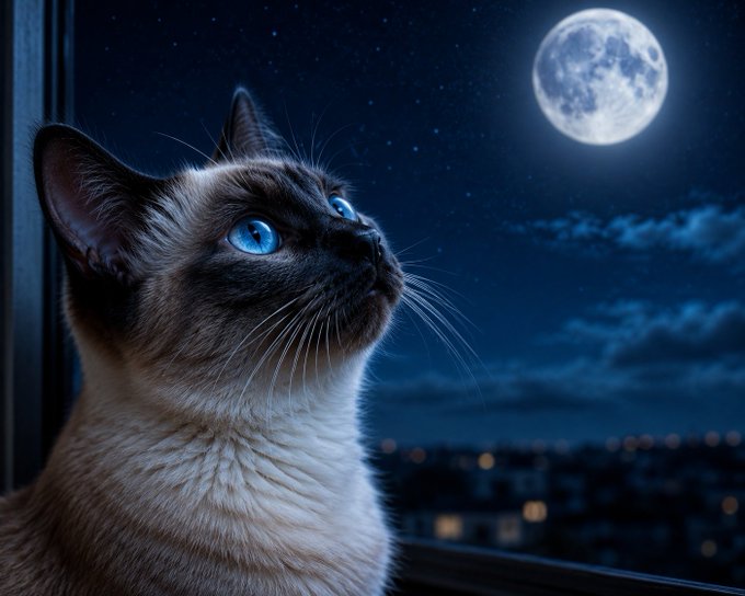 A Siamese cat with bright blue eyes gazes out a window at a large full moon and a cityscape at night.