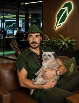 A man in a green Robin Hood-style outfit and hat sits on a leather couch holding a light-colored cat, with a Robinhood logo displayed in green on the wall behind him. The post references $CASHCAT among other meme coins like WIF, PEPE, SHIB, and DOGE, with the cat being the literal embodiment of the "Cashcat" meme coin being discussed.