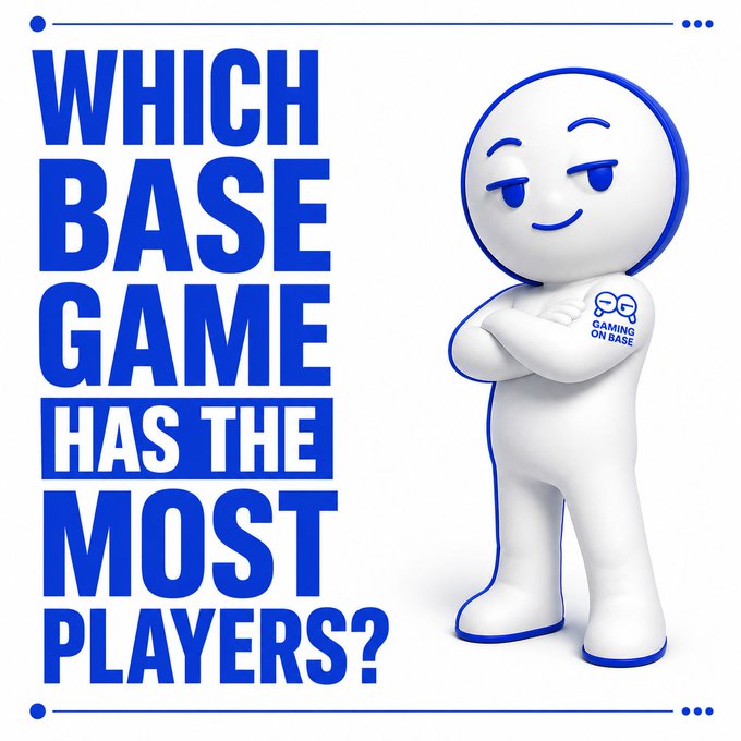 A graphic featuring a white mascot character with crossed arms and a confident smirk, wearing a "Gaming on Base" logo, stands beside bold blue text asking "WHICH BASE GAME HAS THE MOST PLAYERS?" The image serves as a poll prompt asking viewers to choose among listed Base blockchain games like Legend of Base, GreenWorld, Anichess, and others.
