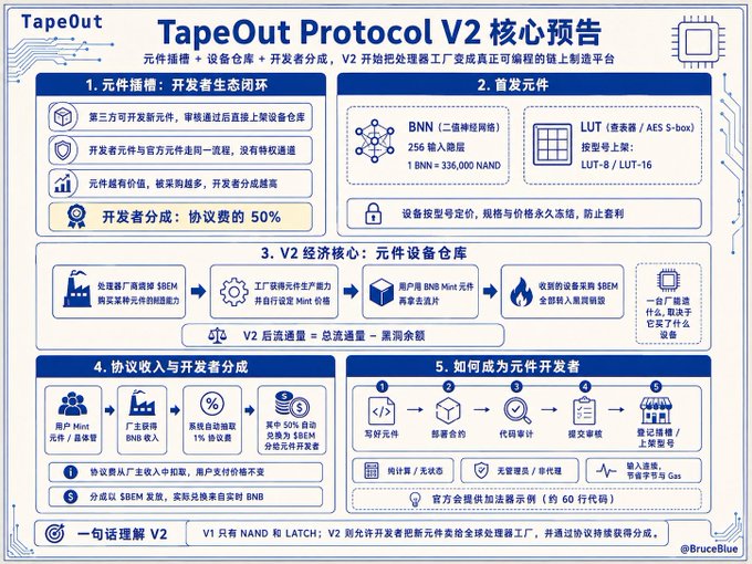An infographic in Chinese explaining the 'TapeOut Protocol V2,' with sections detailing ecosystem components, first currency, device warehouse, agreement revenue, and how to become a chip developer, credited to '@BruceBlue.'