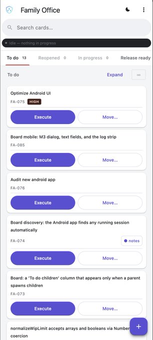 A screenshot of a project management app called 'Family Office' displays a 'To do' list of 13 tasks, including 'Optimize Android UI' and 'Audit new android app', each with 'Execute' and 'Move...' buttons.