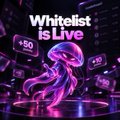 An image of a translucent purple jellyfish on a circular stage surrounded by floating mobile devices displaying "+50" points, with bold white text at the top reading "Whitelist is Live."

This visual supports the post by representing the JellyTrade early-access waitlist—the jellyfish echoes the project's name (Jelly), while the "+50" notifications on the phones symbolize the points users can stack by completing the listed tasks to get in early.