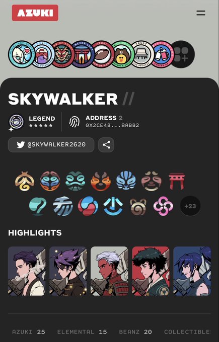 A mobile screenshot of the AZUKI NFT profile for 'SKYWALKER' showing a Legend tier membership with address 0X2CE4B...8ABB2, displaying various collectible masks and anime-style character avatars as highlights.