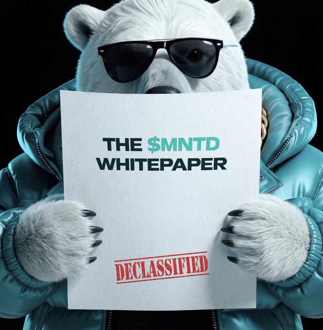 A white bear wearing sunglasses and a blue puffer jacket holding a document titled 'THE $MNTD WHITEPAPER' stamped 'DECLASSIFIED' in red.