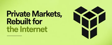 A graphic with an olive green background displaying the text 'Private Markets, Rebuilt for the Internet' next to a geometric black logo.