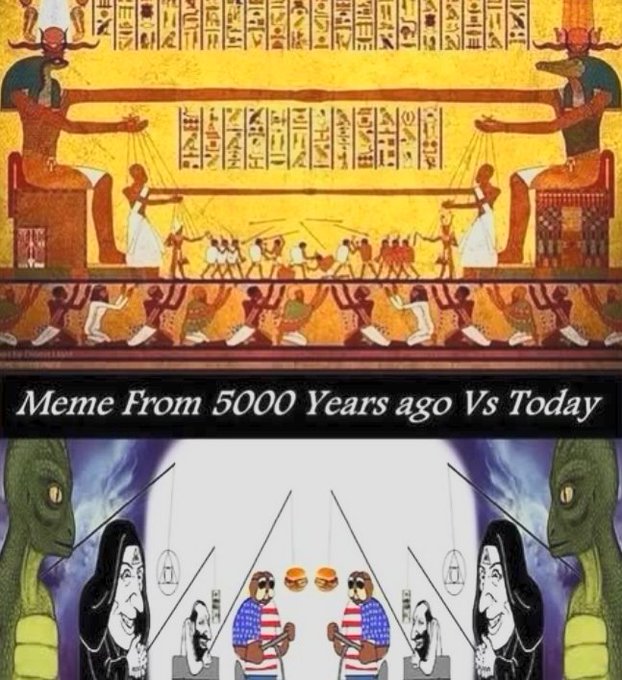 A comparison meme titled 'Meme From 5000 Years ago Vs Today' contrasting an ancient Egyptian wall painting with a modern Wojak-style illustration of figures being controlled by larger puppet characters.