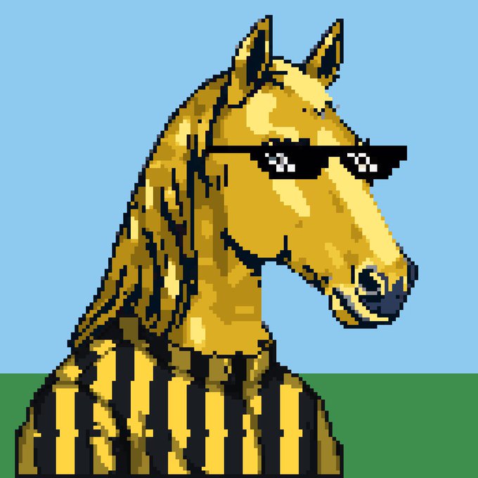 A pixel art golden horse wearing black sunglasses, depicted against a blue sky and green grass background. The image serves as a stylized, cool-looking mascot fitting the post's playful invitation to race horses together on the RH Chain NFT collection.