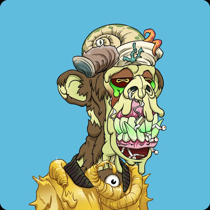 A grotesque cartoon illustration of a zombie-like monkey character with exposed teeth, a pirate hat with an anchor, and a yellow jacket against a blue background.