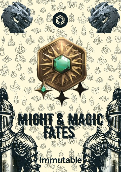 The image features a poster for an adventure game called "MMF Might & Magic Fates". The poster showcases two knights, one wearing armor and the other without, standing side by side against a backdrop of various buildings and trees. The knight with armor is positioned on the left side of the poster, while the knight without armor stands on the right side.

The title of the game is prominently displayed at the top of the poster in large white letters. Below this, there are three small icons representing the game's main characters: a dragon, a shield, and a sword. The dragon is located near the center of the poster, while the shield is positioned on the left side, and the sword is situated on the right side.

The image also contains text that reads "I’m focused solely on victory! And I need more NFT cards." This message emphasizes the game's focus on achieving victory and highlights the importance of acquiring additional NFTs to progress further in the game.