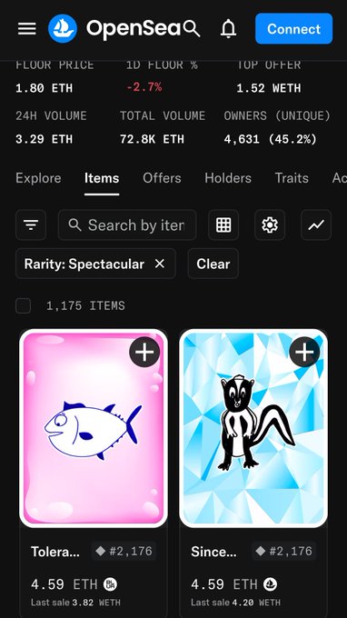 A screenshot of the OpenSea NFT marketplace displaying items with 'Spectacular' rarity, showing floor price of 1.80 ETH, 24H volume of 3.29 ETH, and items like a tuna and skunk NFT listed at 4.59 ETH each.