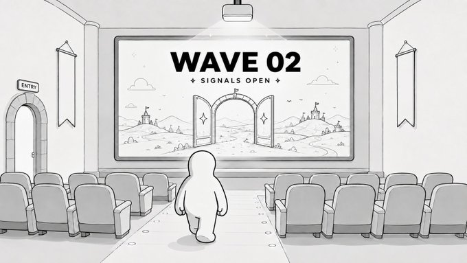 A small character walks into an auditorium toward a large screen displaying "WAVE 02 + SIGNALS OPEN +" with open doors leading to a fantasy landscape. The post context suggests this imagery symbolizes an early entry opportunity into a new platform, with the open doors representing the "EchoPass" system where users can share their stories and join before the crowd arrives.