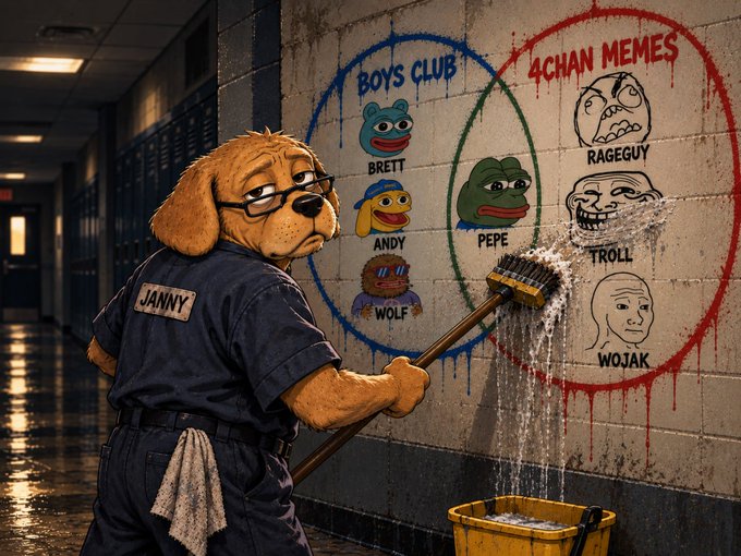 An illustrated janitor dog named 'JANNY' scrubs graffiti off a school hallway wall depicting 'BOYS CLUB' (Brett, Andy, Wolf) and '4CHAN MEMES' (RageGuy, Pepe, Troll, Wojak) characters in a Venn diagram.