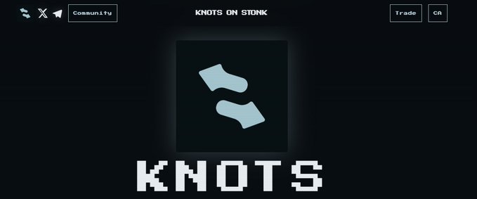 A website header for 'KNOTS ON STONK' shows a pixelated logo with two interlocking shapes and the text 'KNOTS' in a retro font on a black background.
