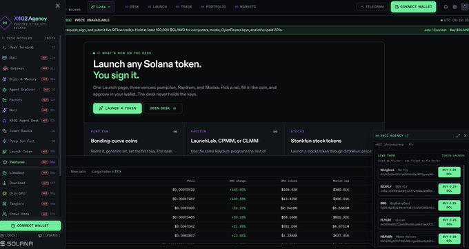 A screenshot of the 'XA02 Agency' platform on Solana, showing a dashboard for launching tokens with a table of prices and a live chat window.