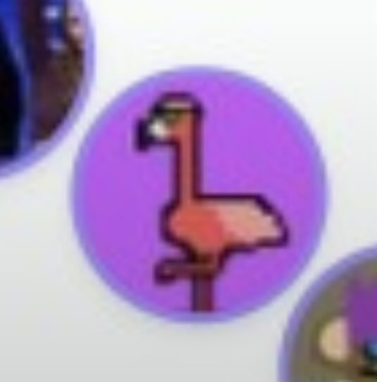 A low-resolution image of a purple circle containing a crude drawing of an ostrich wearing sunglasses, resembling a base set character from a video game.