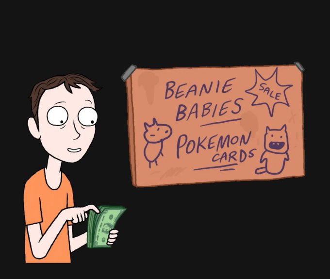 A cartoon illustration of a wide-eyed person holding cash, standing next to a sign advertising 'BEANIE BABIES SALE' and 'POKEMON CARDS'.