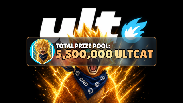 A promotional graphic for a crypto game featuring an anthropomorphic lion character with a bandana, announcing a 'TOTAL PRIZE POOL: 5,500,000 ULTCAT' under the 'ultt' logo.