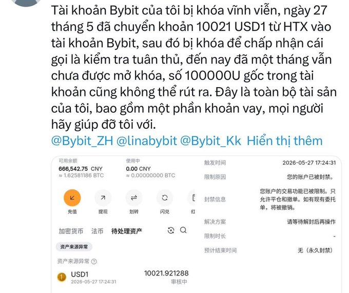 A user reports their Bybit account has been permanently frozen after transferring 100,021 USD1 from HTX on May 27, with the 1.6258 BTC (666,542.75 CNY) shown in the screenshot locked due to "abnormal fund source" (资产来源异常) flagged as "under review" (审核中), and they are requesting help via @Bybit_ZH, @linabybit, and @Bybit_Kk.
