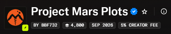 Title card for "Project Mars Plots" by BBF732, showing 4,800 backers, September 2026 launch date, and a 5% creator fee, with an orange flame logo.