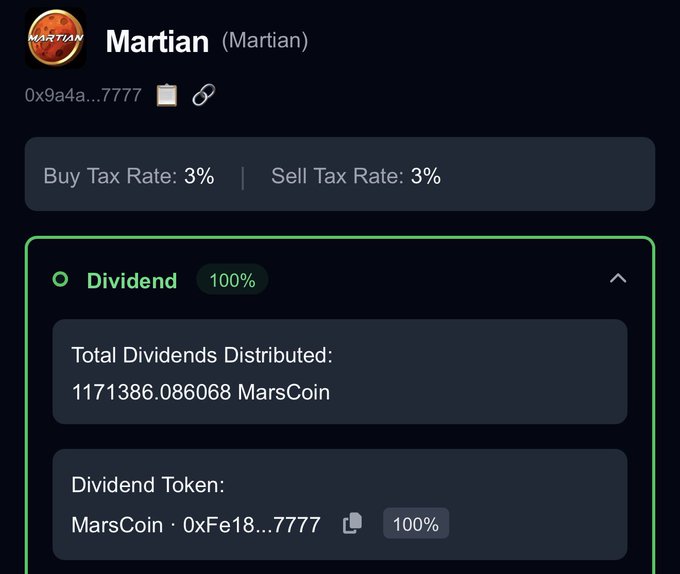 A cryptocurrency token page showing 'Martian' with a 3% buy tax rate, 3% sell tax rate, and a Dividend section displaying 1171386.086068 MarsCoin distributed to holders of MarsCoin (0xFe18...7777) at 100%.