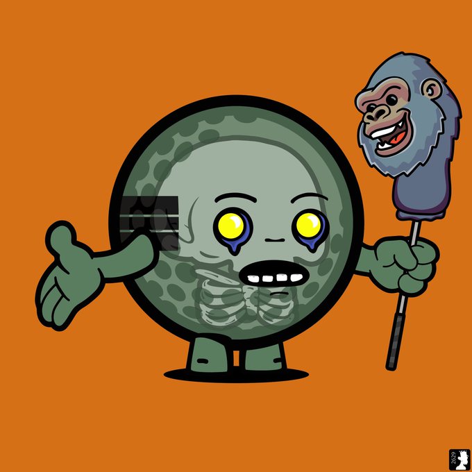 A cartoon illustration of a green, zombie-like circular character with large yellow eyes, a skeletal ribcage visible on its belly, holding up a gorilla mask puppet on a stick against an orange background.